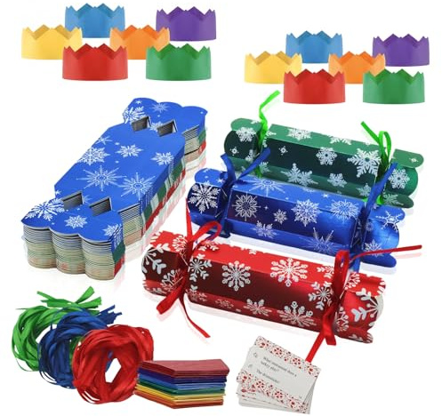 30 Sets Diy Christmas Crackers Bulk,Red Green Blue Christmas Party Crackers | Make Your Own Xmas Cracker Kit,Luxury Cracker Candy Paper Boxes with Hats/Joke,No Snap,Xmas Cracker Ideas for Adults