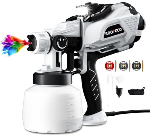 Pistola de Pintura HVLP con Luz LED de 650W, Pulverizador Eléctrico, Depósito de 1200ml con Ganchos y 3 Boquillas de Cobre - Ideal para Pintura DIY, Muebles, Techos, Paredes y Ángulos Oscuros, Gris