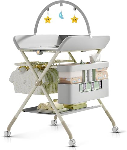 QMHHRJT Cambiador portátil plegable para bebé, estilo mejorado, estación de cambio de pañales portátil con ruedas, mesa cambiadora de altura ajustable de cinco niveles con almacenamiento organizador