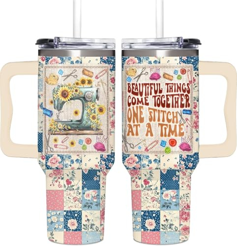 AT2Z GLOBAL Sewing Gifts for Women, Quilt, Quilting Lovers, Tailors, Crafters - 40oz Tumbler with Handle Sewing Themed - Mother’s Day Gift for Sewists Birthday Gifts Idea for Quilters, Teacher