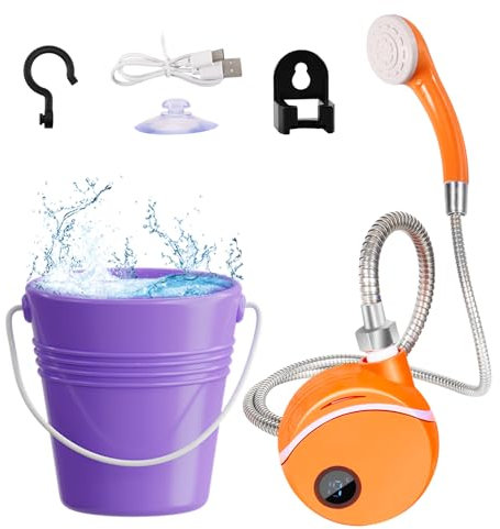 Editbar Campingdusche mit Pumpe – Elektrische Tragbare Duschbrause mit 2200mAh Akku, Outdoor Dusche Warmwasser mit Duschkopf & Schlauch, Digitalanzeige, IPX7 Wasserdicht,für Camping Garten Autowaschen