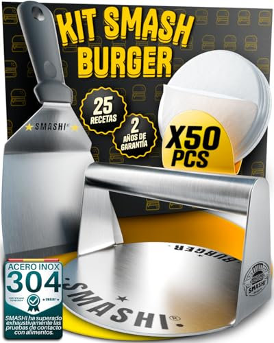 SMASHI® Smash Burger Kit Professionale Acciaio Inox 304 Certificato EU Contatto Alimenti, Pressa Hamburger Smasher + Spatola Smash + 50 Cartine | L'autentico Kit Smash Burger