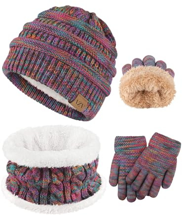 VZV 3 Wintermütze Kinder Schal Handschuhe Set, Mädchen Strickmütze Winterschal Thermo Fleecefutter Handschuhe für Jungen Mädchen 2-10 Jahre