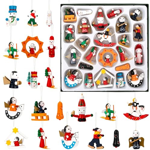 Addobbi Natalizi di Legno, Decorazioni per Albero di Natale, Mini Bambola Ornamenti in legno Natalizi da Appendere per Feste di Vacanza, Dipinti a Mano, Figure Alte Fino a 4 cm, 24 Pezzi