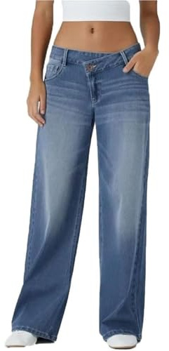 Asymmetrical Low-Rise Loose Jeans for Women, Wide Leg Baggy Straight Boyfriend Denim Pants Washed Casual Streetwear