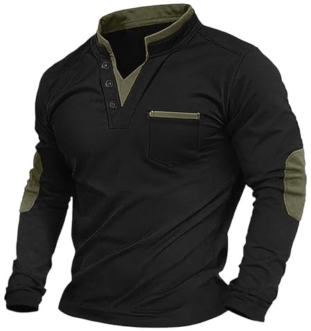 Polo de manga larga para hombre, ligero, clásico, para otoño e invierno, cuello alto, cuello de pico, patchwork, con botones, blusa, para exteriores, vintage, camiseta clásica para el tiempo libre, O