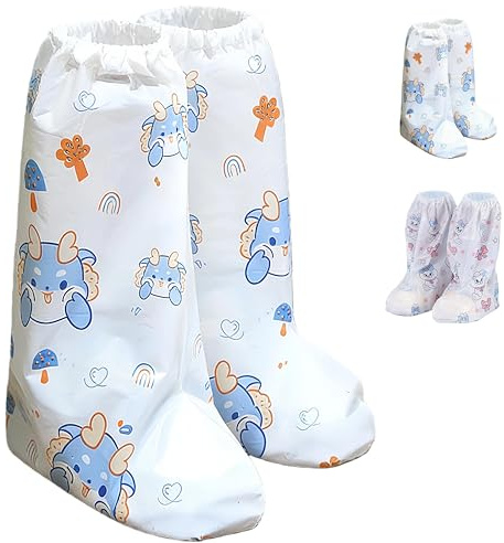 HUANYO Disposable Kids Rain Boot Covers - 5 Pairs Children's Waterproof Shoe Covers, Fun Printed Patterns, Perfect for School, Outdoor Play, Puddle Jumping - One Size Fits Most