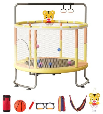 Trampolino per bambini per interni ed esterni, 1,5 m, 200 kg, 1-6 anni, mini trampolino da giardino regolabile con cestino da basket, altalena, sacco di sabbia, palloni marini, rete di recinzione