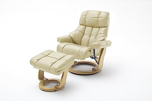 Robas Lund Relaxsessel Calgary XXL mit Hocker, bis 180 kg belastbar, Echtleder creme, Gestell Holz natur