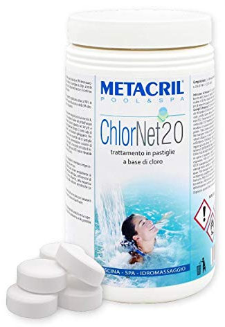 Metacril Chlor Net 20 1Kg.TRICLORO in pastiglie da 20gr. a lenta dissoluzione. Ideale per Piscina o Idromassaggio (Teuco,Jacuzzi,Dimhora,Intex,Bestway, ECC.)
