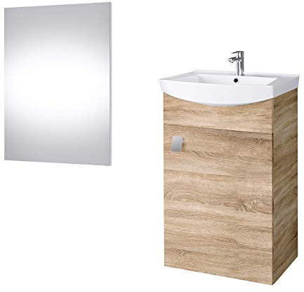 Planetmöbel Set di mobili da bagno lavabo con mobiletto 45 x 60 x 33 cm, specchio con illuminazione 50 x 90 cm per WC ospiti, rovere Sonoma