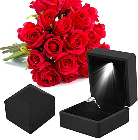 YUYTE Boîte à bagues de fiançailles avec lumière, vitrine éclairée pour support de rangement pour pièce de monnaie, boucle d'oreille, bijoux de proposition, mariage, (Noir)