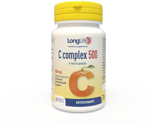 LongLife® C Complex 500 | Vitamina C 500mg a rilascio graduale | Con bioflavonoidi da agrumi e quercetina | Difese immunitarie | Fino a 2 mesi di trattamento | Senza glutine e vegano