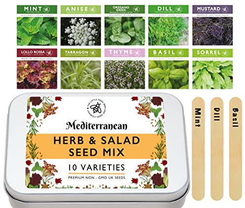 Mediterranean Seeds for Gardening, 10 Easy Sow Seed Varieties, 10 Plant Markers & Growing Guide - Gifts for Adults & Kids,Little Trees Bees & Seeds Co