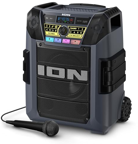 ION Block Rocker XL - Portable Bluetooth Outdoor Party Speaker, 220W, with Karaoke Microphone, Battery, 5 Speakers, Lights, Radio, USB Charging & App