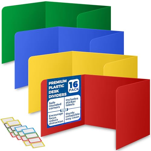 Paquete de 16 separadores de escritorio para estudiantes, divisor de plástico duradero e impermeable, carpetas de aula, suministros para profesores, tableros de plástico fáciles de limpiar para