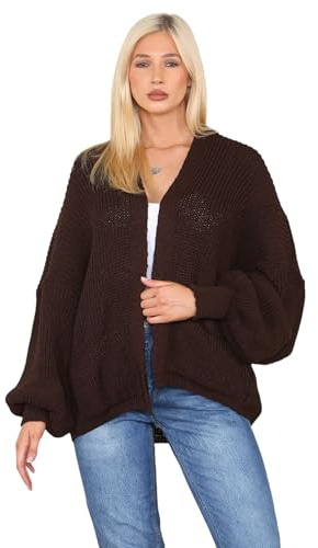 AFR Damen Strickjacke mit Ballonärmeln, kurze Strickjacke, vorne offen, zwei Taschen, Puffärmel, übergroß, grob, gestrickt, lockere Passform, Einheitsgröße (40-46), schokobraun, One size