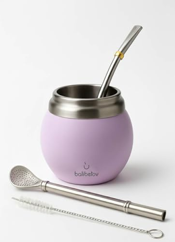 BALIBETOV Yerba Mate Cup Set - Stainless Steel Double Wall Thermal Yerba Mate Gourd and Bombilla Set (Mate straw) - 210 ml - Pink