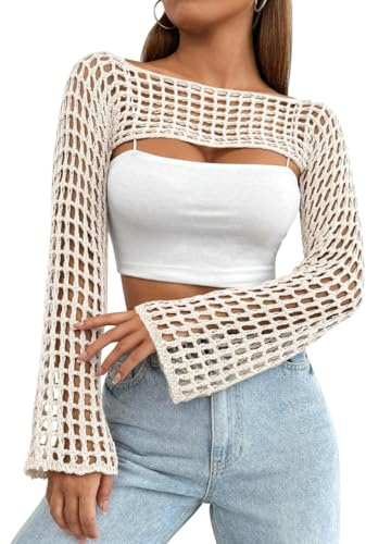 Mincib Womens Crochet Shrug Y2K Hollow Out Bolero Shrug See Through Cropped Knit Sweater Top(Beige,M)
