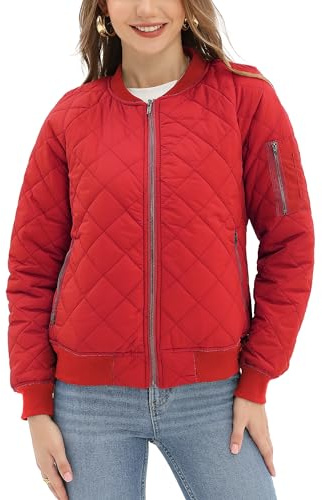 Argstar Puffer Jacket for Women, Long sleeve Quilted Casual Bomber Padded Outewear Jacket with 5 Pockets Red L