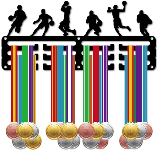 CREATCABIN Soporte Medallas Baloncesto,Colgador Medallas Deportivas,Estante Exhibición,Premios,Gancho Metal Pequeño,Organizador Cintas,Carrera Atletas,Montado En Pared para Fútbol,Baloncesto,29x13cm