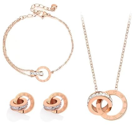 Jewellery Set for Women, Bridesmaid Jewellery Sets Round Interlocking Pendant Jewellery Cubic Zirconia Jewellery Rose Gold Costume Earrings Necklace Bracelets Gifts for Wedding Party Accessories