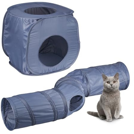Relaxdays Katzentunnel mit Katzenhöhle, faltbar, 2 in 1 Katzenspielzeug, Pop-up Katzenrolle 4 Ausgänge, Katzenzelt, grau