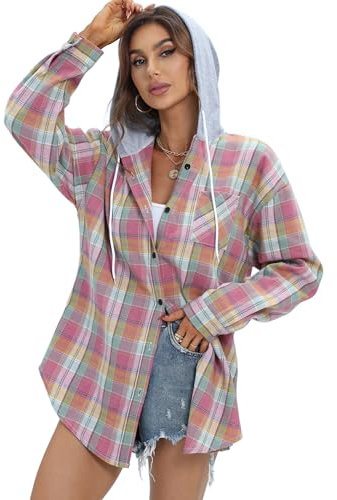 Oversize Shirt Damen Langarm Flanellhemd Knopfleiste Kordelzug Hoodie Leichte Karierte Bluse