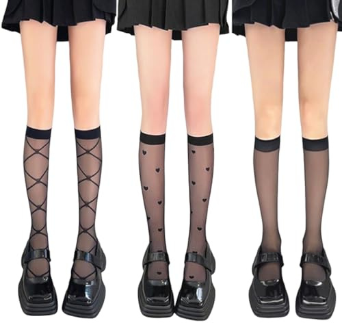 SamHeng 3 Pairs Knee High Socks, 3 Styles Elastic Printing Knee High Stockings Breathable Calf-Length Socks, See Through Nylon Stockings Fashion Sheer Pop Socks for Women Girls (Black)