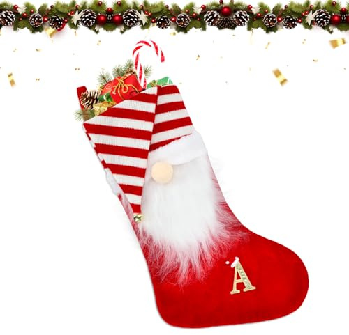 VReder Christmas Stockings, 22inch Personalised Monogram Xmas Stockings, Red Knitted Santa Hat Classic Stockings Stuffers for Xmas Gift Tree Decoration (A)