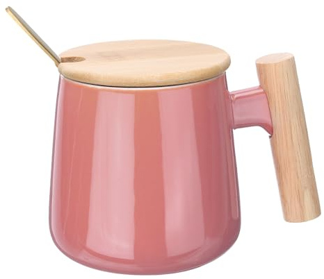 QUARKZMAN 12.85 Oz Taza de Café de Cerámica con Asa de Madera Simple, Taza de Té Grande Hecha A Mano, Juego de Regalo de Tazas de Cerámica con Tapa y Cuchara para Oficina Cocina Casa, Rosa