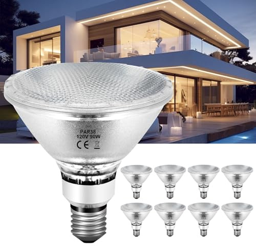 KIMLOONG PAR38 Halogen Flood Light Bulbs Dimmable, 8 Pack, 90 Watt 120V, 2800K Warm White for Indoor and Outdoor Floodlight Bulb, E26 Base Bulbs 4050LM