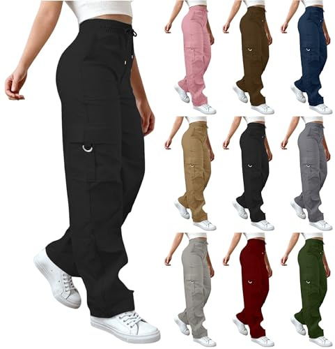 Cargo Pants For Women UK High Waist Combat Trousers With Multiple Pockets Solid Color Drawstring Tracksuit Bottoms Baggy Lightweight Wide Leg Trousers Ladies Casual Jogging Pants Hiking Walking