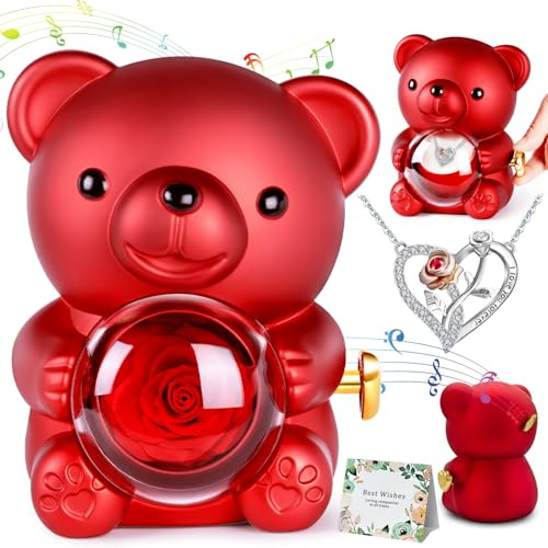 Aloskart Caja Regalo Oso Rosa Eterna con Collar Corazó, Oso Rosa Preservada, Regalo Cumpleaños Mujer, Caja Regalo Cumpleaños, Regalo Novia