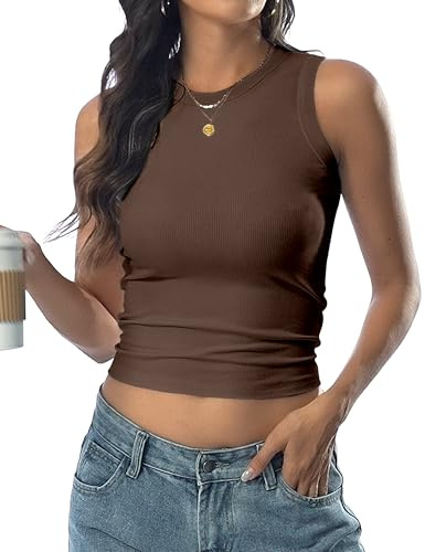 DUOEASE Canotta Donna Senza Maniche Casual Top Donna Elegante Girocollo Canottiera Tinta Unita Sexy Crop Top(Marrone,S)