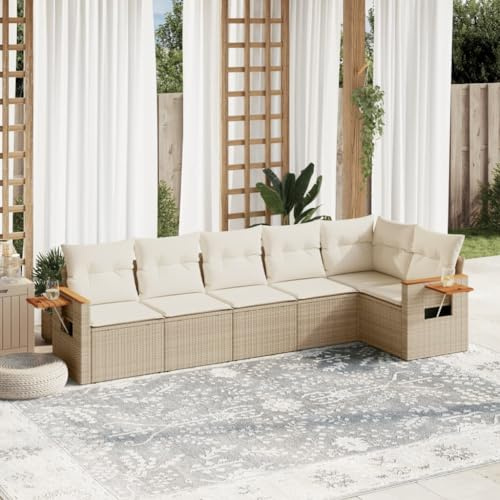 JHQHSM Set di 6 divani da giardino con cuscino, beige, polyrattan, design modulare con rivestimenti rimovibili e pratici ripiani pieghevoli, resistenti alle intemperie, in rattan sintetico PE per