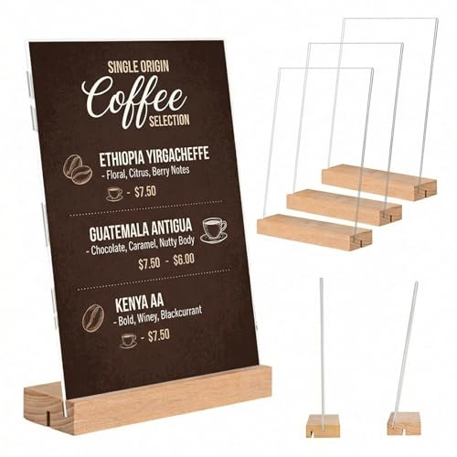 Dwitkul 3 Pezzi Espositori da Tavolo A4 Supporto per Cartelli A4 in Acrilico Legno t Forma Porta Cartelli in Acrilico con Base in Legno per Ufficio, Ristorante (29,7x21cm)