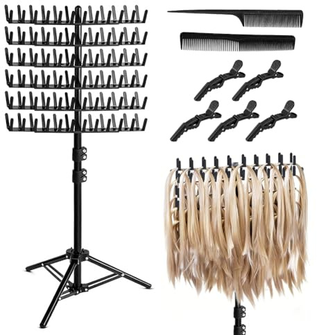 YNNHUDEEP Braiding Hair Rack regolabile in altezza e pieghevole – 144 perni extension per capelli con fermagli per capelli + pettini, supporto per parrucchieri e trecce