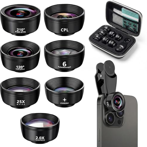 7 in 1 Lenti Cellulare Fotocamera, Obiettivo Fisheye 210°, Grandangolare 120°, Obiettivo Macro (25x), Filtro Stellare, Teleobiettivo, Filtro CPL/Star, Compatibile con iPhone