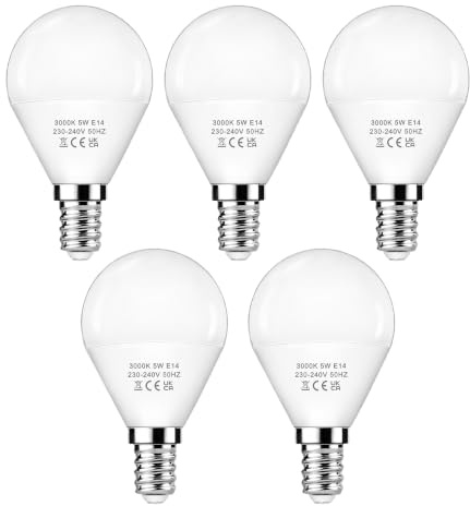 EvaStary Bombilla LED G45 E14 5W 3000K Cálida, 500lm Casquillo Pequeño Mate, Tono Downlight Ahorro Energético, para Araña Colgante Aplique Espejo Nevera Frigorífico Salón Dormitorio Cocina, 5 Unidad