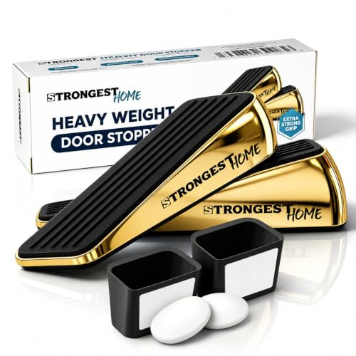 STRONGEST HOME Door Stoppers for Bottom of Door – Heavy Duty Metal Rubber Stopper, Non-Slip Door Stop for Heavy Doors, Works on Wood, Tile & Carpet, Wedge Gold 2 PCs + 2 White Wall Protectors