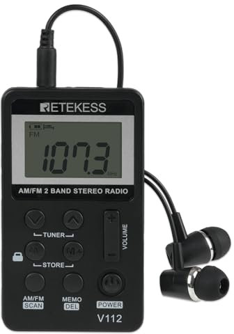 Retekess V112 Mini Radio Portable,Petite Radio a Pile,FM AM,Rechargeable Radio,Prise Casque,d'Extérieur,Convient pour Course à Pied,de Sport,Randonnée,Le Camping(Noir)
