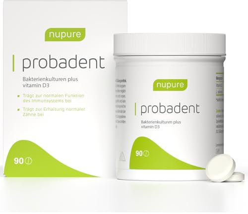Nupure® Probadent Lutschtabletten gegen Mundgeruch mit Bakterienkulturen für die Mundflora mit 5 μg Vitamin D, Mundgeruch bekämpfen, Zitronengeschmack, Mundhygiene ohne Mundwasser, 90 Kapseln