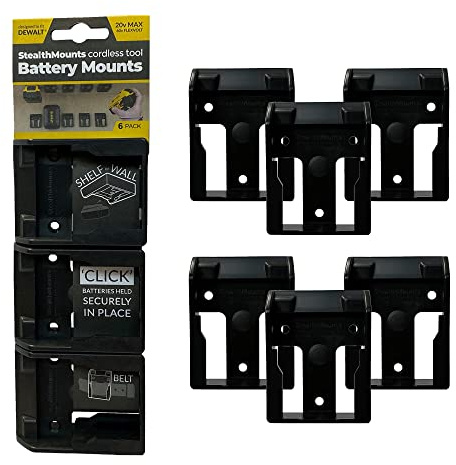 StealthMounts 20 V svart batterimontering kompatibel med DeWalt 20 V | 6-pack | batteriförvaring | batteritillbehör | batterihållare väggfäste | tillverkad i Storbritannien