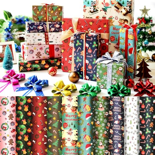 Papier Cadeau pour Noel en Papier Couché 70X50cm,Bst4U 20 Feuilles Papier Cadeaux Noël avec 24 Nœud Papillon à Lacets Fait d'un Revêtement Pailleté,Mélange Noel 10 Motifs,Pour Emballage Cadeau de Noël