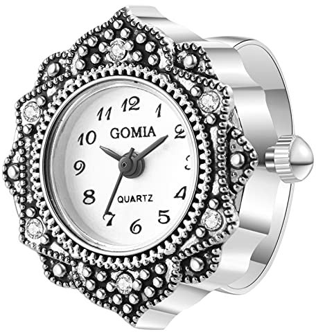 JewelryWe Ringuhr Fingeruhr Damen Analog Quarz Retro Geschnitzt Blumen Strass Edelstahl Verstellbar Ring Uhr Fingerringuhr Uhrenring mit Weiß Rundem Zifferblatt und Silber Gehäuse