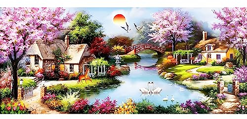QENSPE 5D Diamond Painting Grand 85x40cm Village Paysage Art Diamant Adulte, Paysage Diamant Kit Enfants Complet, DIY Diamant Strass Point de Croix Cristal Painting Murale Décoration