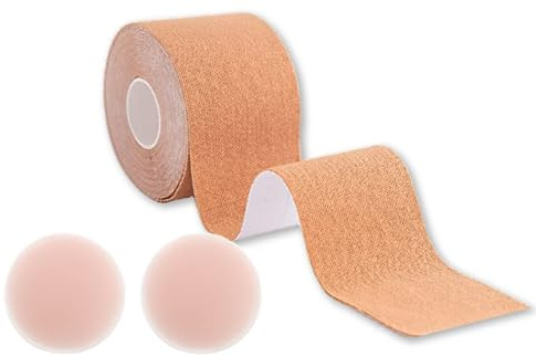 Dpm tapes Boobs & Body Tapes - Soutien-gorge adhésif pour remontée de la poitrine, Doux sur la peau, Push-up respirant, Teinte claire - 50 mm x 5 m, 2 cache-tétons inclus