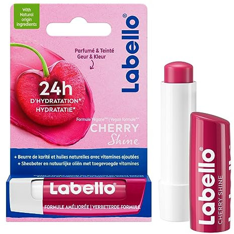 LABELLO Cherry Shine (1 x 5,5 ml), Baume à lèvres enrichi en huiles naturelles et vitamines E & C, Soin des lèvres Hydratation longue durée pendant 24H
