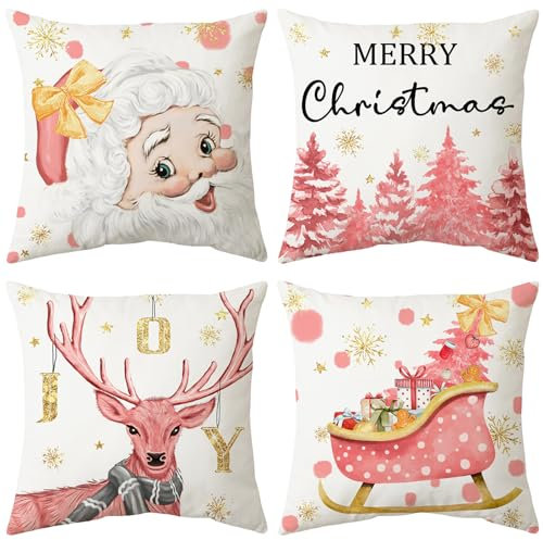 ARNTY Natale Federe Cuscini Divano 45x45,Federa Copri Cuscino Natalizia Decorativo Caso, Set di 4 Cuscini Per Divano Quadrate per Cuscino per Divano (Natale Rosa)